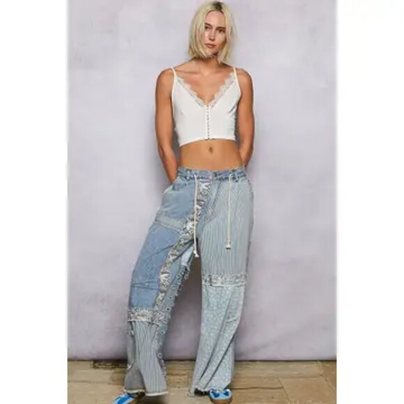 POL  Bluewander Patchwork Wide-Leg Pants Size Various - Picture 8 of 10